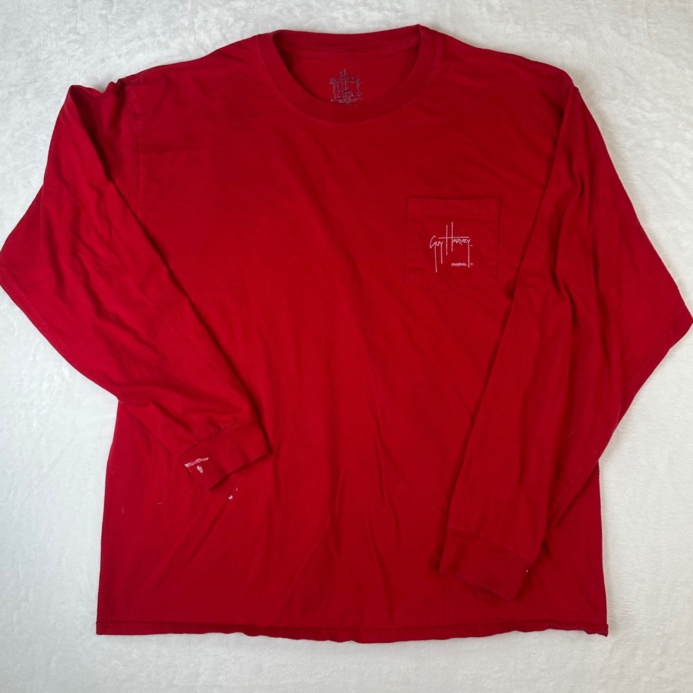 Guy Harvey Mens Red Long Sleeve Pocket T-Shirt Marlin Fish Graphic Size XL